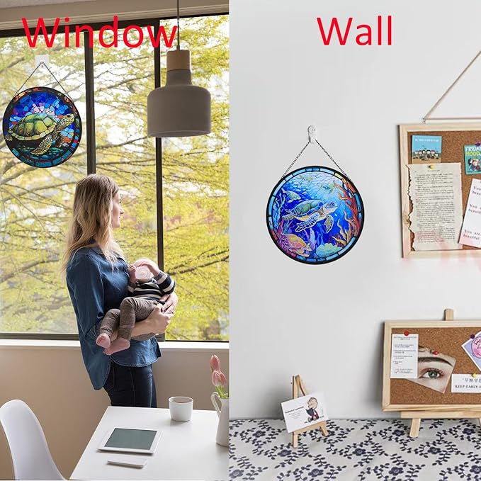 Hanging Stained Glass for Windows,20cm/7.87 inch Turtle Hand-Painted Glass Panel Window Hanging Suncatchers Christmas Ornaments Home Courtyard Decor,Housewarming Gift (Style B)