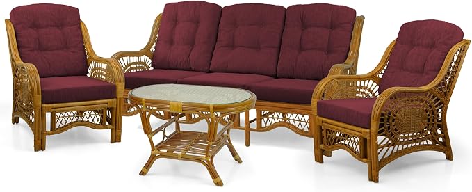 Malibu Lounge Set of 4: 2 Natural Rattan Wicker Chairs, Three-Seater Sofa with Cushions and Coffee Table with Glass Handmade, Colonial Color