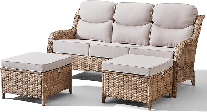 3 Pieces Patio Sofa Set with 6" Thick Cushions, High Back Wicker Outdoor Sofa with Ottomans, Outdoor Seating Furniture High Back Conversation Set for Balcony Deck Porch Backyard, Yellow/Beige