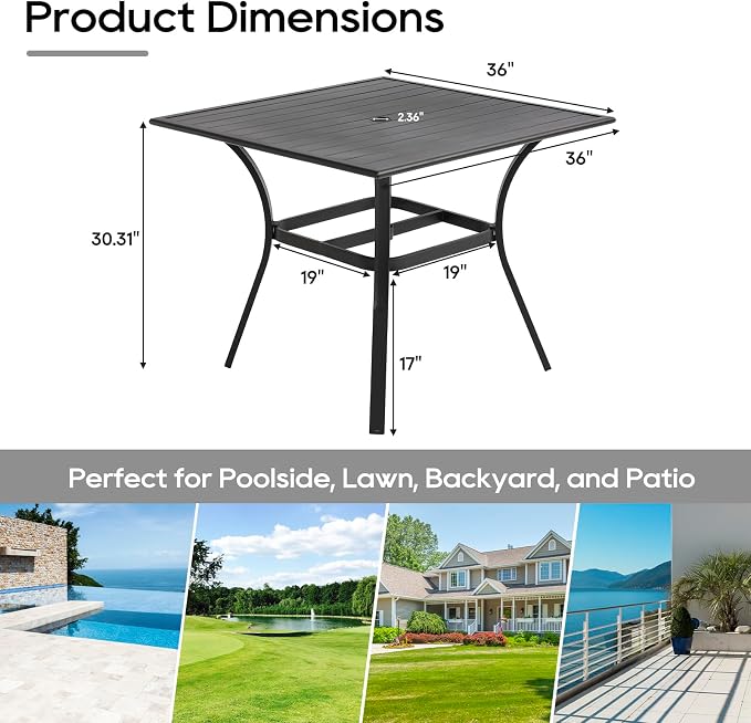 Patio Dining Table, 36" Patio Tables with 2.36'' Umbrella Hole, Outdoor Patio Table for Backyard, Garden, Black(36“ Square Table)