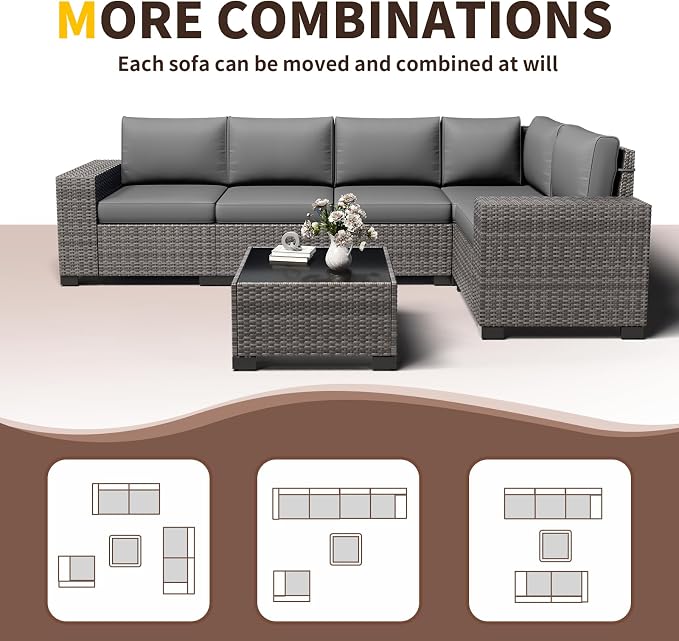 6 Pieces Patio Furniture Set, Wide Arm Outdoor Patio Sectional Couch Set, All Weather Wicker Rattan Conversation Set w/Cushions and Glass Table and Waterproof Cover, Grey & Grey
