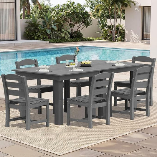 KINGYES 8-Piece HDPE Outdoor Dining Set for 6, Square Patio Table & Armless Chairs with Umbrella Hole, All-Weather Patio Dining Set for Backyard, Garden, Lawn & Poolside, Gray