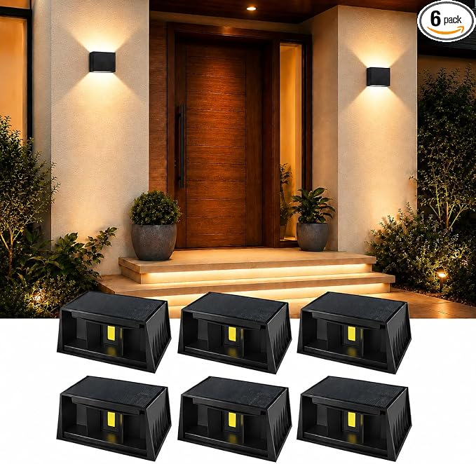 Solar Wall Lights Outdoor, Warm White, 6 Pack | IP65 Waterproof Up and Down Wall Lighting, Solar Outdoor Light Decorative for Porch, Garage, Doorway, Patio, Fence