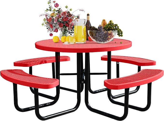 8-Person Picnic Tables for Outdoors, Industrial 46" Expanded Metal Round Picnic Table with 4 Benches & Umbrella Hole, Outside Table and Bench Set for Park, Garden, Backyard, Patio, Red