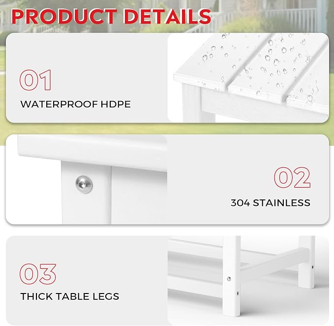 Costaelm Adirondack Conversation Table, HDPE Outdoor Drink Weather Resistant, Outdoor Patio Porch Accent Balcony Table for Pool, Seaside, Backyard, White