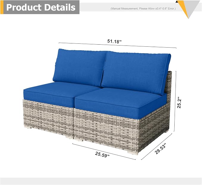 Weaxty 2 Pieces Patio Furniture Sets Middle Seats, Wicker Outdoor Sectional Sofa with Thicken Cushion, Patio Conversation Couch Set for Porch, Balcony,Yard, Poolside, Navy Blue