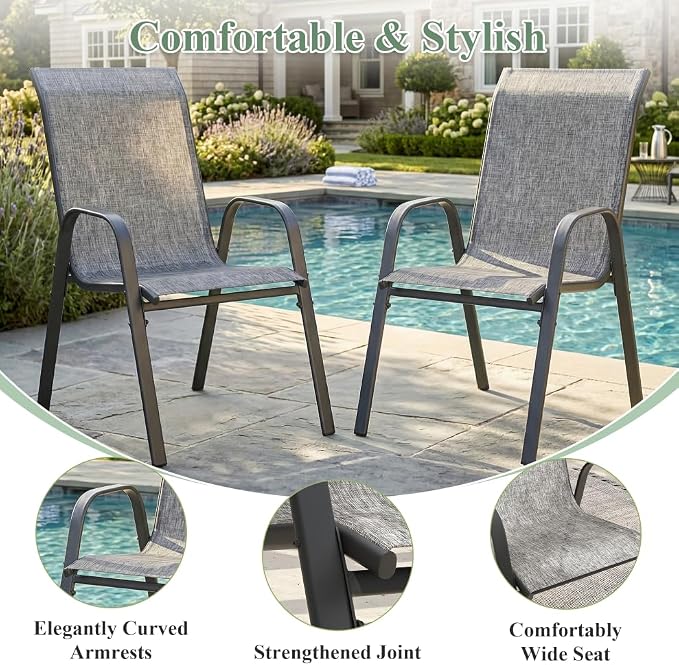9 Pieces Outdoor Dining Set, 53" Round Table with Umbrella Hole & Stackable Patio Dining Chairs, Patio Table and Chairs Set for Deck Garden Porch, Grey Chairs & Dark Grey Table