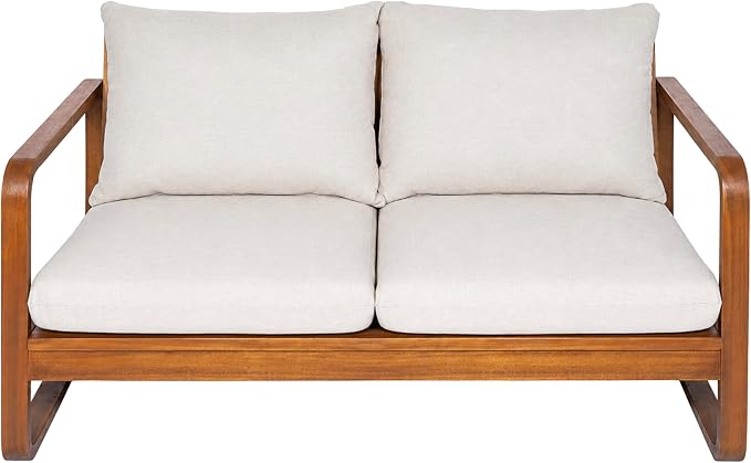 Christopher Knight Home Myra Acacia Wood Outdoor Loveseat and Coffee Table Set, 2 Piece Patio Furniture Set with Cushions, Patio Conversation Set with Slatted Design for Backyard, Teak + Beige