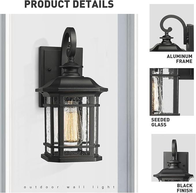 Emliviar Outdoor Wall Lanterns 2 Pack, 1-Light Exterior Wall Mount Light, Black Finish with Clear Seedy Glass, 2084B-2BK