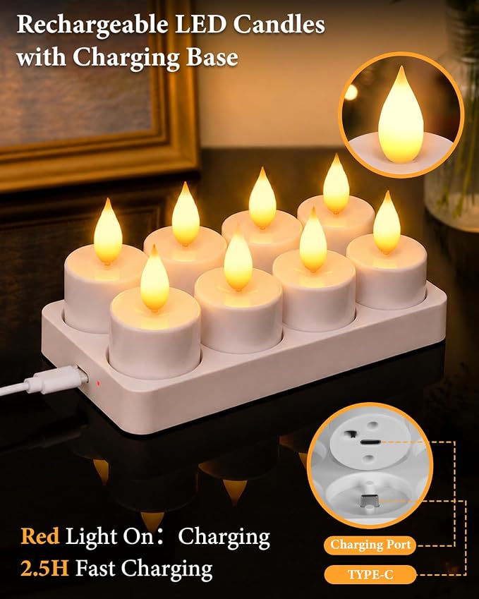 TOWPONICS Rechargeable Tea Lights Candles with Remote, Timer & Charging Base, LED Tea Lights Battery Operated, Flickering Flameless Candles for Home, Wedding, Halloween & Christmas Decor, 8 Pack
