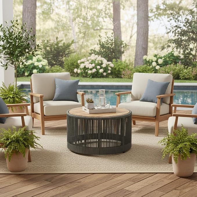 Outdoor Rattan Coffee Table with Solid Acacia Wood Tabletop, Patio Round Coffee Table Side Table (Grey)