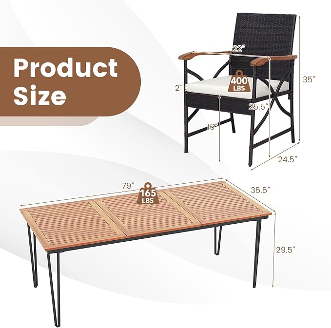 Tangkula 9 Pieces Patio Dining Table and Chairs Set with Umbrella Hole, Acacia Wood Table with Metal Frame, and Heavy Duty Cushioned Wicker Chairs, for Backyard, Garden and Poolside (Mix Brown)