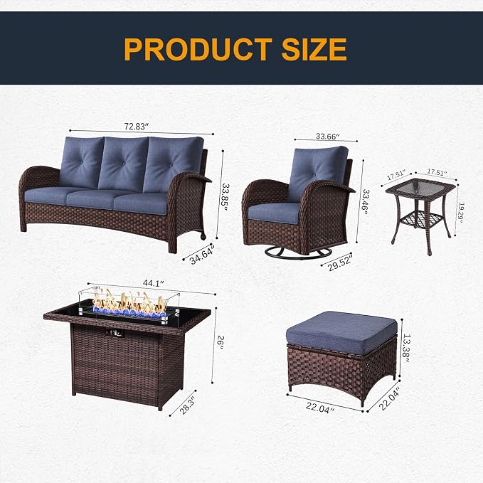 7 Pieces Outdoor Wicker Patio Swivel Rocking Chairs, All Weather Wicker Conversation Set with 44" Fire Pit Table