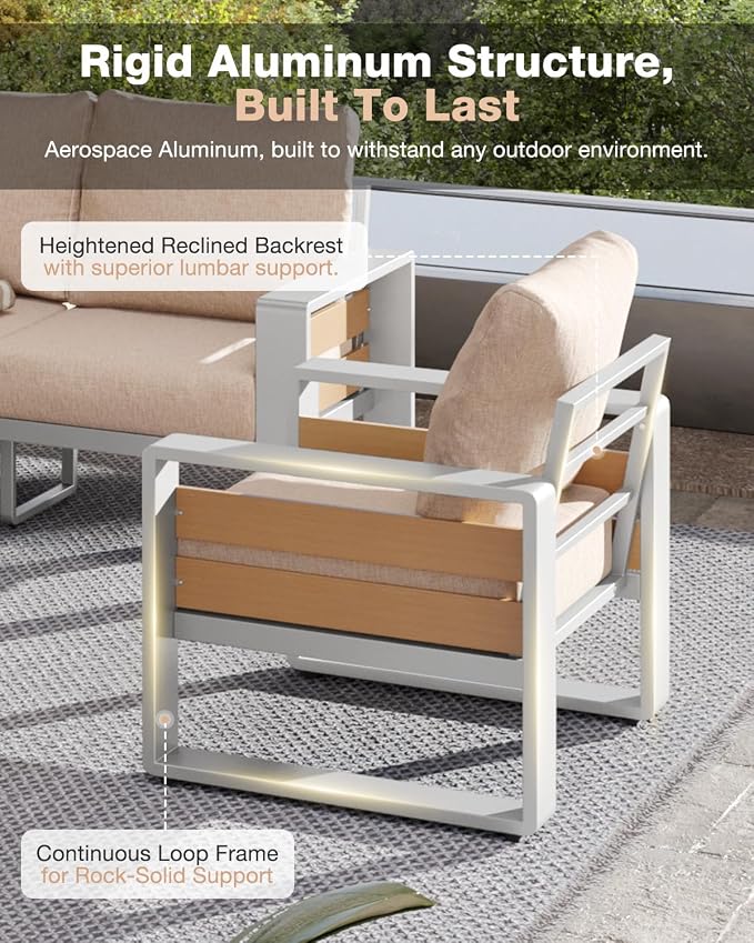 Aoxun Aluminum Patio Furniture Set, 2 Piece Luxury Outdoor Sectional with 6" Olefin Fabric Cushions, Patio Conversation Sets with Coffee Table Outdoor Sofas for Backyard, Porch Beige