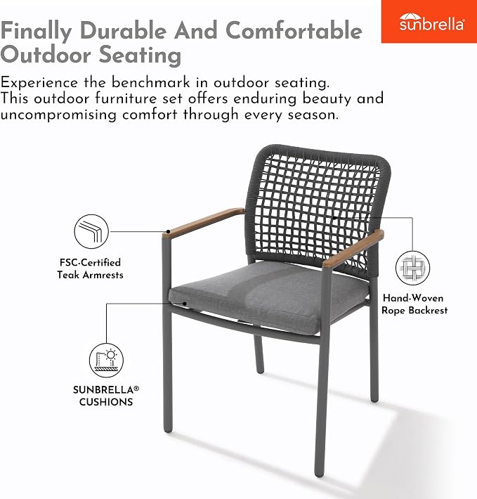 Modern Shade 5 Piece Luxury Outdoor Dining Set, Designer Outdoor Table and Chairs with Fade Resistant Cushions & FSC Teak, Premium Aluminum Patio Table and Chairs Set for Elegant Outdoor Living, Gray