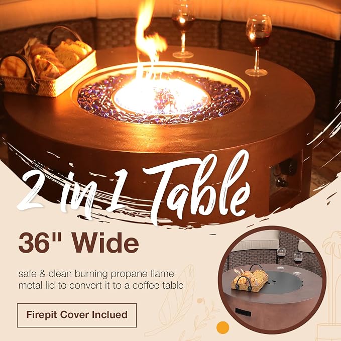 SUNSITT 12 Piece Patio Furniture Set with Fire Pit Outdoor Round Sectional Sofa with 36" Bronze Propane Fire Table & Tank Holder, Brown Rattan