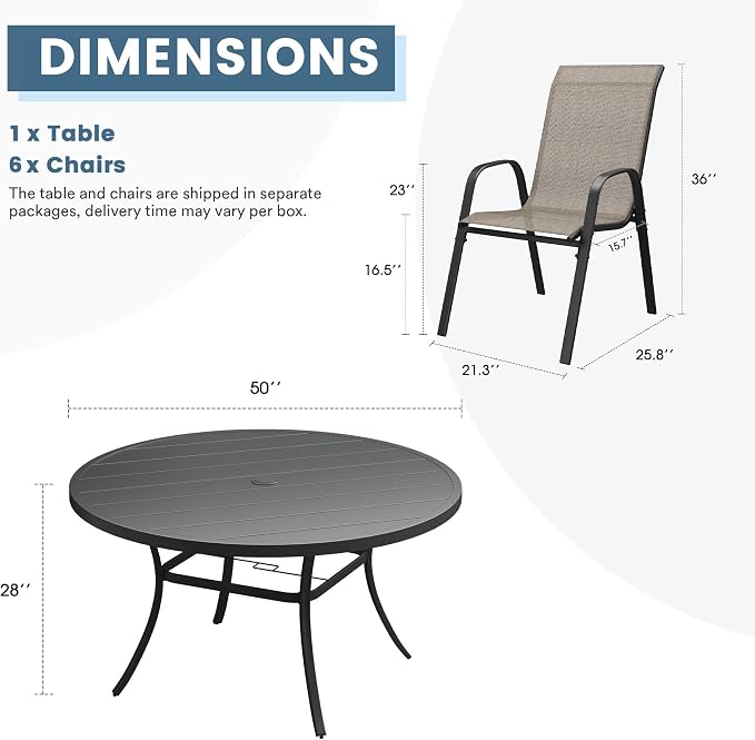 DIFY 7 Piece Outdoor Dining Set, 50" Black Round Metal Patio Table and Brown Textilene Stackable Chairs for 6, All Weather Patio Furniture Set with Umbrella Hole for Backyard Garden Deck
