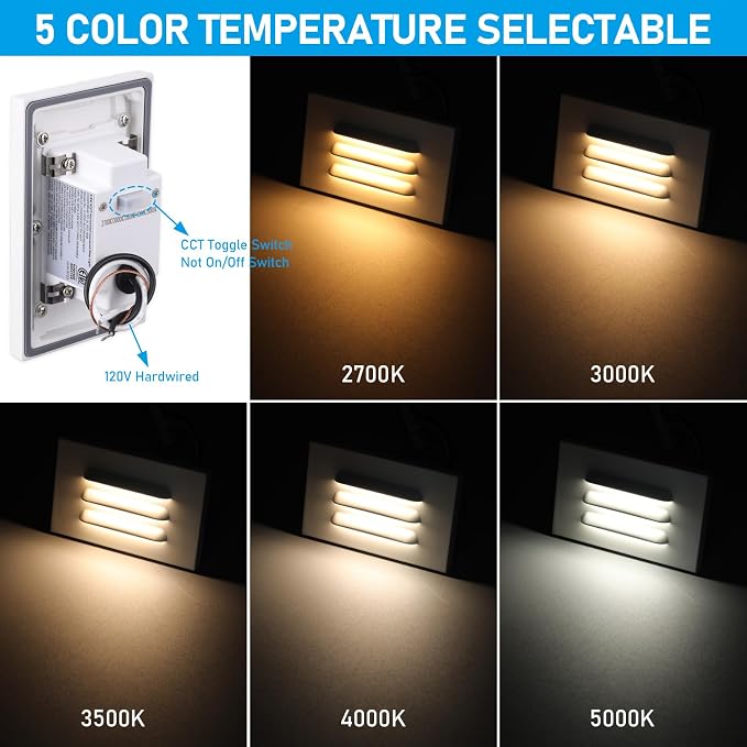 LEONLITE 12-Pack 5CCT 120V LED Step Lights, Louvered, White | Horizontal, 10%-100% Dimmable, CRI90, ETL, Indoor Outdoor Stair Lights, Wet Location, 2700K/3000K/3500K/4000K/5000K, Aluminum