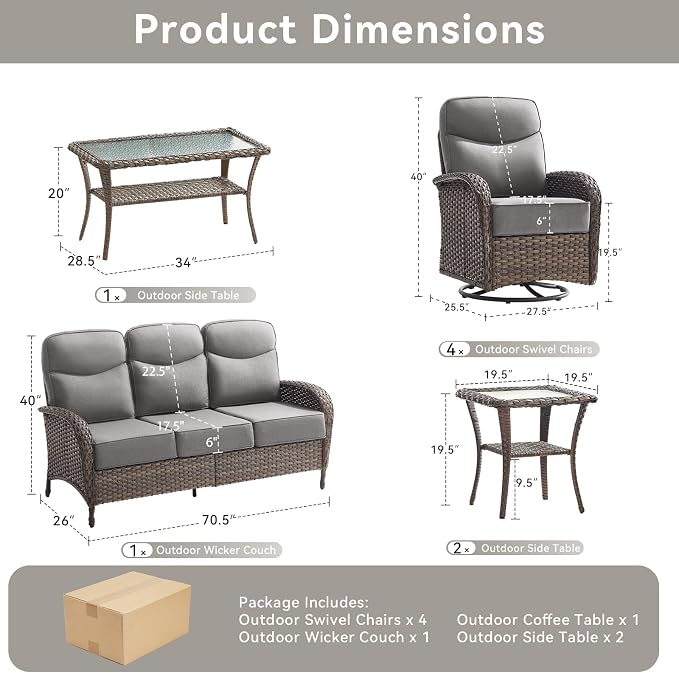 8 Pieces Luxury Outdoor Patio Furniture Set with 6-Inch Thick Cushions, Wicker Outdoor Furniture with High Back Swivel Patio Chairs Set of 4, Patio Conversation Set for Deck Garden Porch, Gray