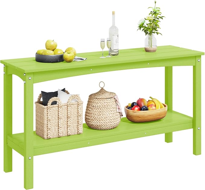 Costaelm Adirondack Outdoor Side Table, 55” HDPE Small Outside Table with Storage Shelf, Weather Resistant Outdoor Plant Shelf, Porch Table and Outdoor Table for Pool & Yard, Lime