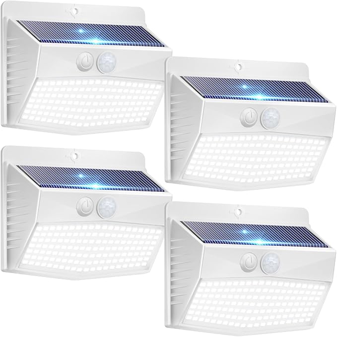[4 Packs] Solar Outdoor Lights Motion Sensor Solar Security Lights Waterproof with 3 Lighting Modes Solar Powered Wall Lights Outside for Garden Fence Yard,White