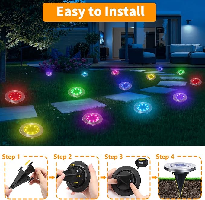 LYHOPE Solar Ground Light Outdoor, 16 Pack 8 LED Color Changing Solar Disk Lights Waterproof Garden In-ground Pathway Lights Landscape Lighting for Lawn,Yard,Deck,Patio,Walkway (RGB)