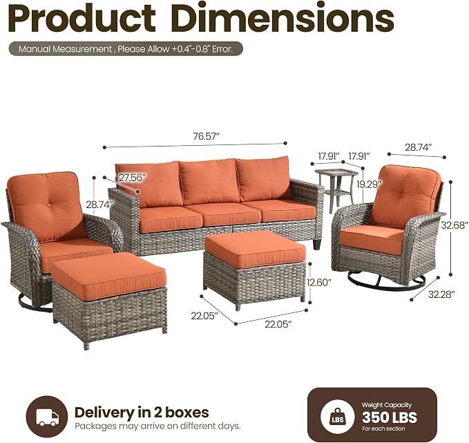 6 Piece Wicker Patio Furniture with Swivel Rocker Chair, Orange | High Back Swivel Rocker Chairs, Outdoor Sofa Ottoman, Heavy Duty, All Weather Rattan Modern Conversation Sets, Deck Backyard