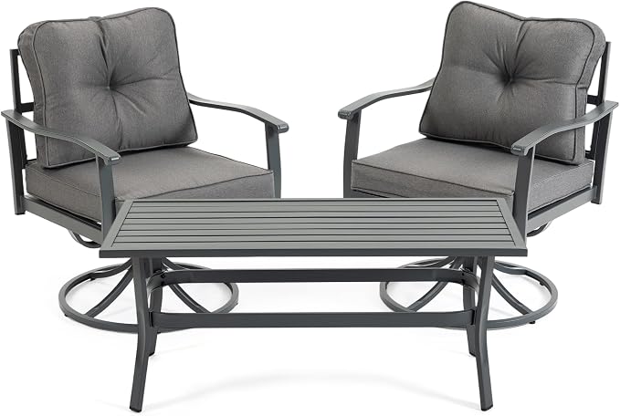 Outdoor Patio Furniture Set, 2 Pcs Swivel Chairs and Coffee Table, All-Weather Metal Modern Outside Furniture with Washable Thick Cushion for Garden/Backyard/Porch, Grey