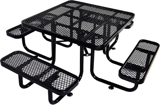 46" Square Commercial Picnic Table for 4-8 Person, Heavy Duty Metal Outdoor Picnic Table with Umbrella Hole for Coffee Shop, School, Hospital, Easy to Install, Black