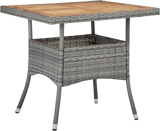 Benzara Biwo Outdoor Dining Table, Gray Wicker Rattan, 32 Inch Brown Wood Top
