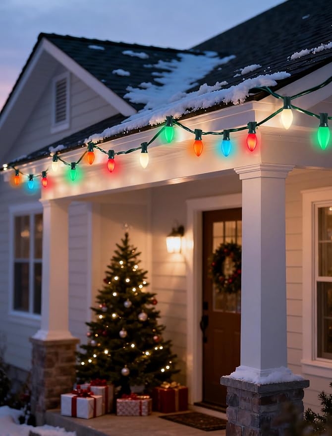 C7 Multicolor Christmas Lights Outdoor, 26Ft Vintage 5W Incandescent Christmas String Lights with 27 Ceramic Light Bulbs, Hanging Old Fashioned Xmas Decor Lights for Party Holiday Backyard Wedding