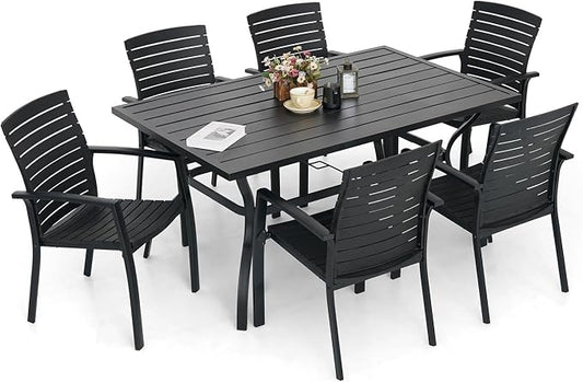 7 Piece Outdoor Patio 60" Rectangular Table and Aluminum Chairs Dining Set | Aluminum Frame Chairs, Resin Chair Seat, Resin Chair Back, 6 Piece Stackable Chairs, 1 Piece Black Metal Table, 6 Person Set