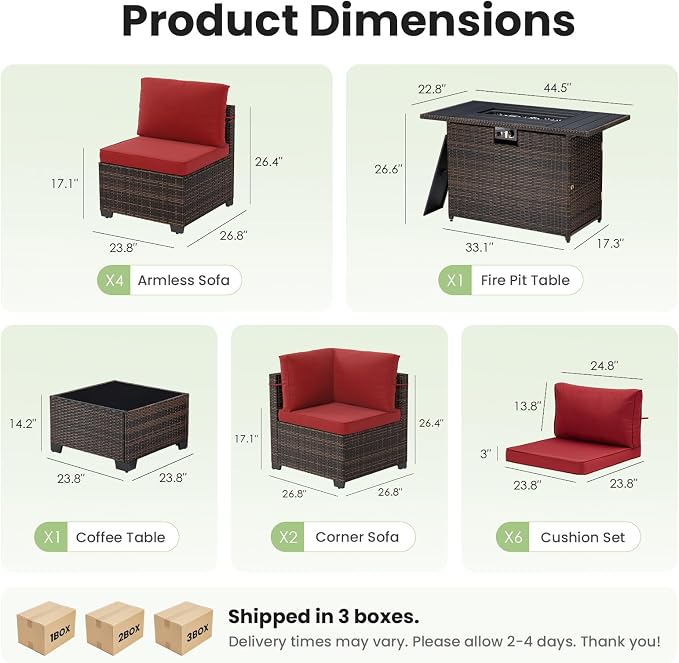 Soohow 8 Piece Patio Furniture Set with 44" Fire Pit Table, Outdoor Sectional Wicker Rattan Conversation Set for Garden, Porch, Backyard - Wine Cushions