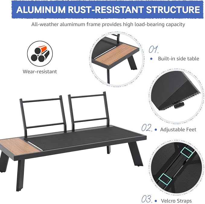 SUNSITT 4-Piece Outdoor Patio Furniture Set L-Shaped Aluminum Sectional Sofa with Faux Wood Grain Top Coffee Table, All-Weather Patio Conversation Set with Cushions, Dark Grey