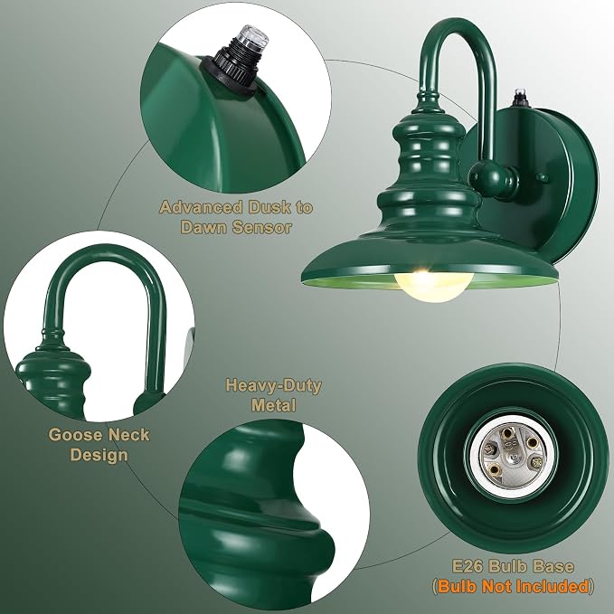 Dusk to Dawn Sensor Outdoor Gooseneck Barn Light Fixture Green | Exterior Wall Sconce Lighting Rustic Outside Porch Lantern Farmhouse Wall Mount Lamp for House Garage Patio