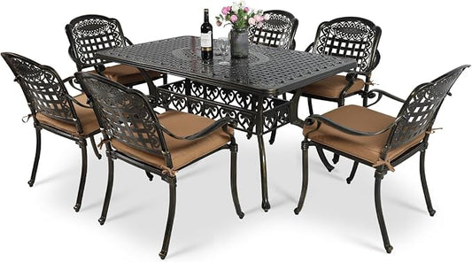 VIVIJASON 7-Piece Patio Furniture Dining Set, All-Weather Cast Aluminum Outdoor Conversation Set, Include 6 Cushioned Chairs and a Rectangle Table with Umbrella Hole for Balcony Lawn Garden Backyard