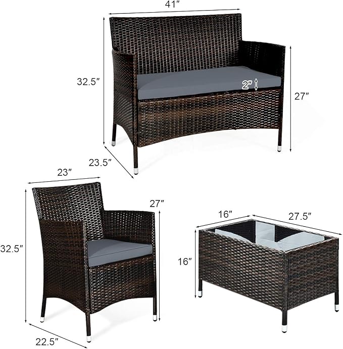 Goplus 4-Piece Rattan Patio Set, Outdoor/Indoor Wicker Conversation Set for Pool, Backyard, Lawn, Wicker Chairs and Sofa with Soft Cushion, Rattan Furniture with Tempered Glass Coffee Table