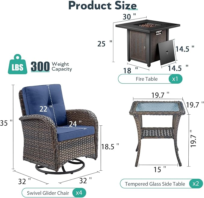 7 Piece Patio Furniture Set with Fire Pit Table - Wicker Patio Conversation Set with 4 Swivel Glider Chairs and 2 Tempered Glass Side Tables for Deck Backyard - Brown Wicker Blue Cushion