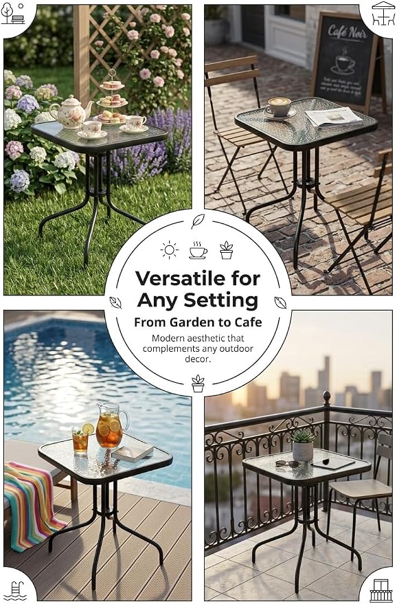 Outdoor Square Glass Patio Table, Tempered Glass Top Bistro Table with Rust-Resistant Metal Frame, Small Coffee Table for Balcony, Garden, Patio