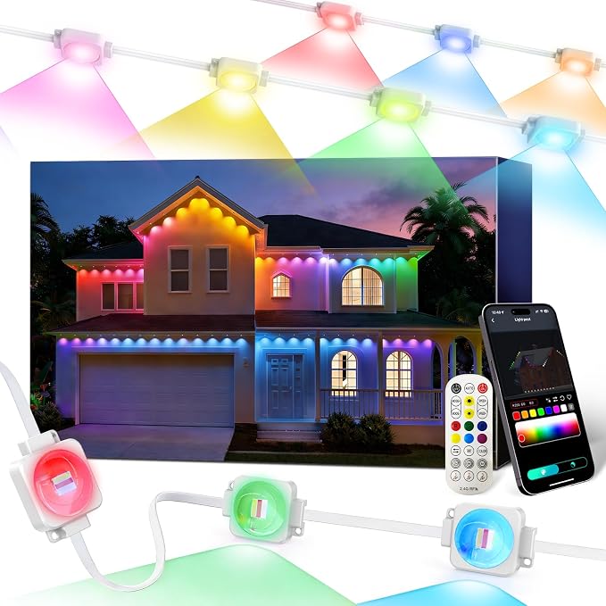 Super RGB Permanent Outdoor Lights 200FT, Smart RGB+IC Eave Lights with Remote APP Control, DIY LED Color Individual, White & Colorful Christmas String Light, IP67 Waterproof for House Outside Decor