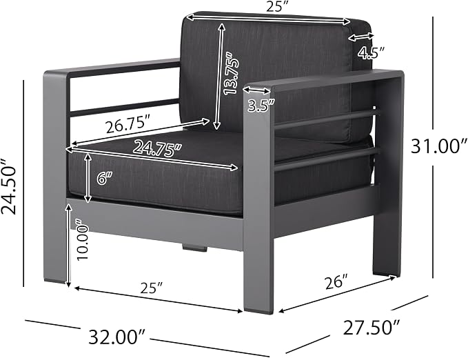 Christopher Knight Home Cape Coral Outdoor Aluminum 7 Piece Conversation Set with Water Resistant Cushions and Dark Grey Rectangular Fire Table