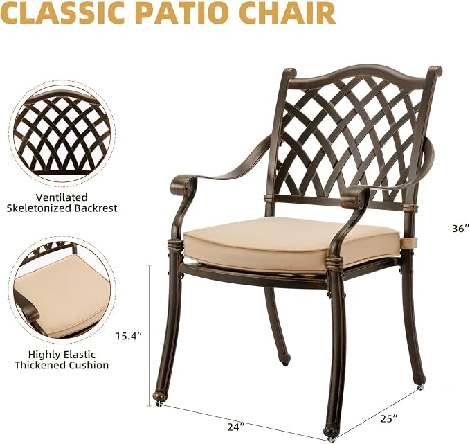 7-Piece Cast Aluminum Outdoor Table and Chairs, Antique Bronze Patio Dining Sets Include 60" Large Patio Dining Table and 6 Chairs with Removable Cushion