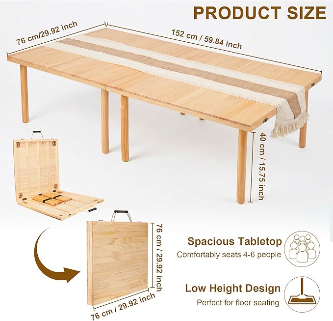 Wooden Folding Picnic Table - 60" x 30" Boho Low Picnic Table with Table Runner, Foldable Table for Indoor Outdoor Camping, Wedding, Beach, Garden, Party