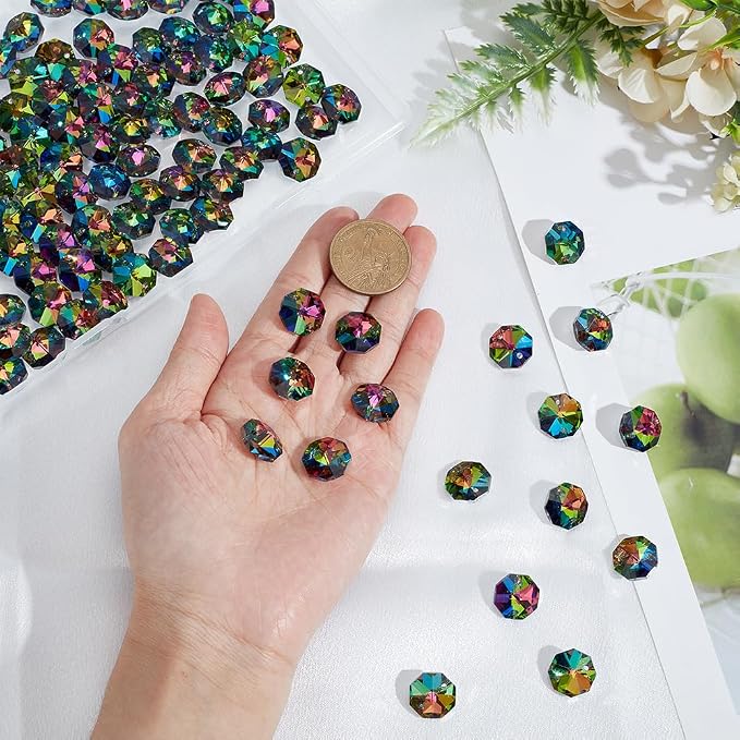 120Pcs Colorful 14mm Octagonal Crystal Beads 2 Holes Glass Octagon Prism Beads AB Color Crystal Chandelier Parts Replacement Suncatcher Faceted Spacers for DIY Lamp Hanging Pendant Jewelry