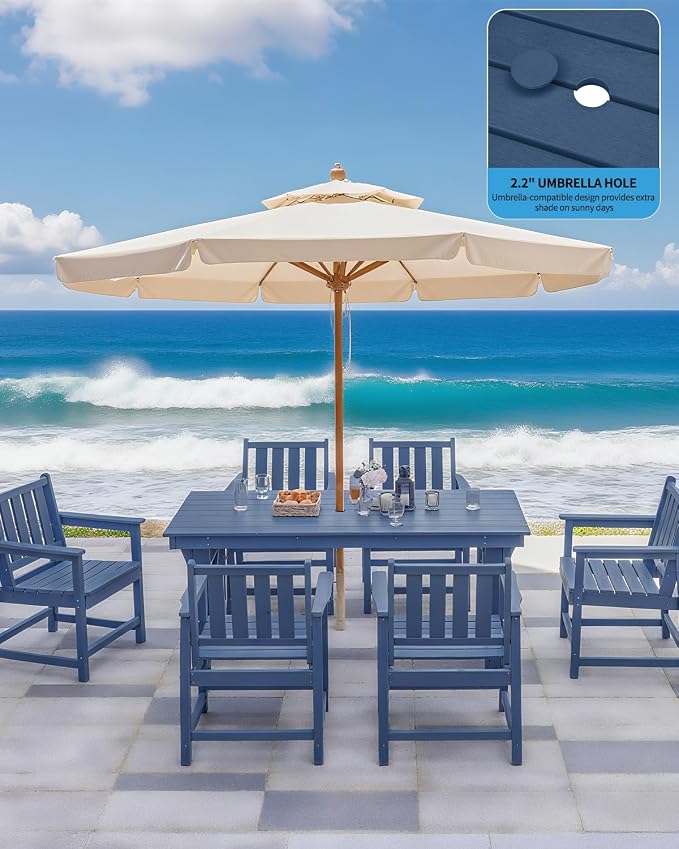 Outdoor Patio Dining Table Set, 7-Piece Outdoor HDPE Dining Furniture Sets with Umbrella Hole Cut-Out Table and 6 Chairs for Patio, Garden, Backyard, Lawn and Poolside, Navy