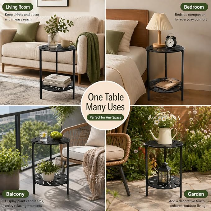 2-Tier Metal Round Side Table Black Accent Coffee Tables Small Space Corner Plant Stand Shelf for Indoor Outdoor Use Patio Balcony End Table Laser-Cut Monstera Leaf Weather-Resistant