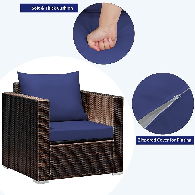 Patio Conversation Set Outdoor, 3-Piece Rattan Wicker Furniture Set with Water-Resistant Cushion & Tempered Glass Tabletop, Patio Furniture Set for Balcony, Porch, Poolside (Navy-Blue)