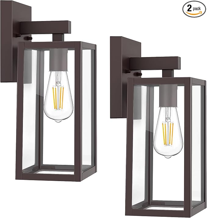 MAXvolador Outdoor Wall Sconce, Exterior Waterproof Wall Lantern Light Fixture, Dark Chocolate Porch Light Glass, Anti-Rust E26 Patio Lighting, 2 Pack | Dark Chocolate Porch Wall Lights, Anti-Rust, E26 Socket, Clear Glass Outside Wall Mount Sconces, Fr...
