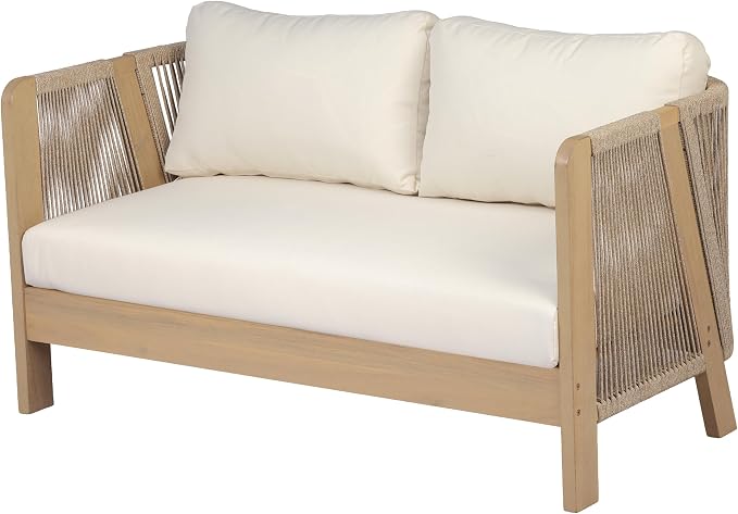 Christopher Knight Home Dalba 4-Seater Patio Furniture Set with Removable Cushion, 5 Piece Outdoor Acacia Wood Conversation Set, Wooden Outdoor Sectional Sofa Set, Beige+Light Teak