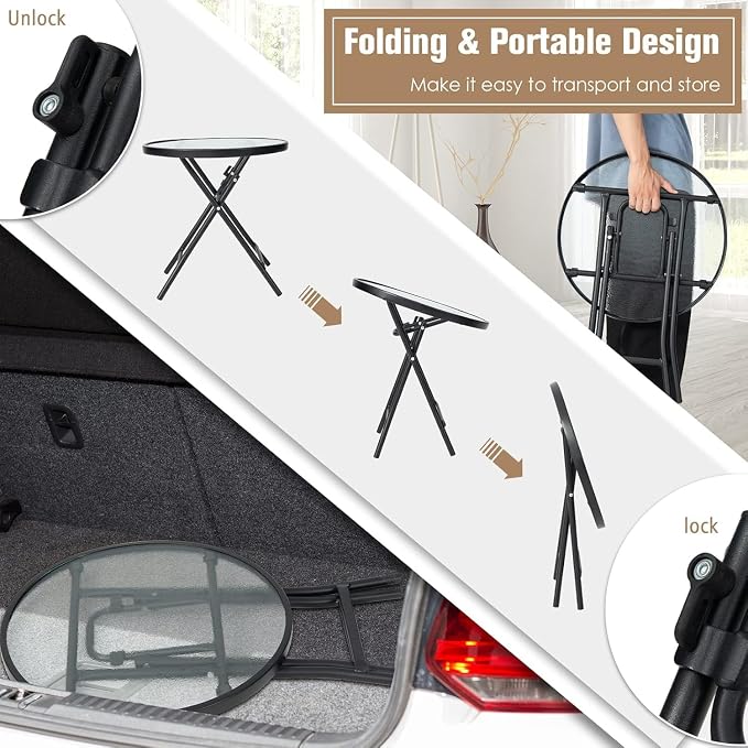 LDAILY Folding Outdoor Side Table, Round Small Bistro Table with Tempered Glass Tabletop, Anti-Slip Foot Pads, Steel Frame, Foldable Patio Table for Garden, Balcony, Backyard, Porch, Black